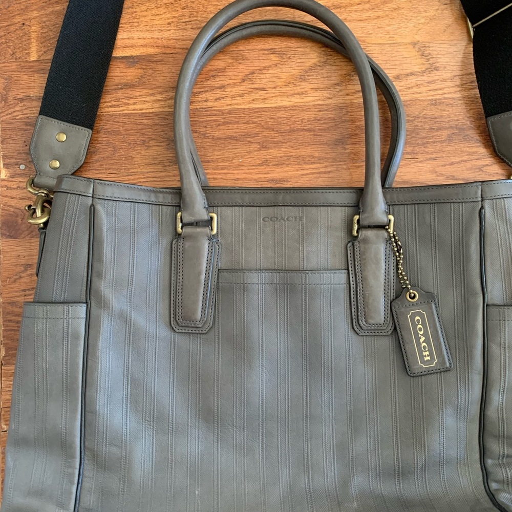 Coach Olive Green Leather Tote with Black Strap and Brass Hardware - Picture 3 of 14